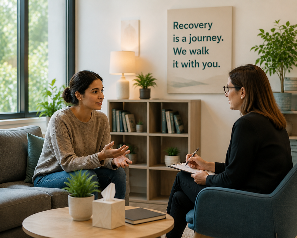 "Two women sitting in a comfortable, well-lit office having a one-on-one mental health counseling session. A framed sign on the wall reads 'Recovery is a journey. We walk it with you.' The space includes plants and shelves, creating a calm and supportive environment.