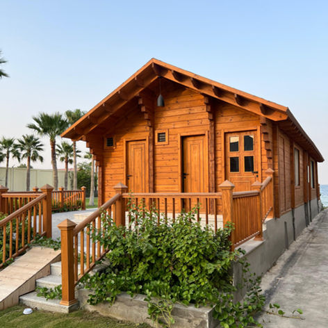 Wooden restroom building near beach