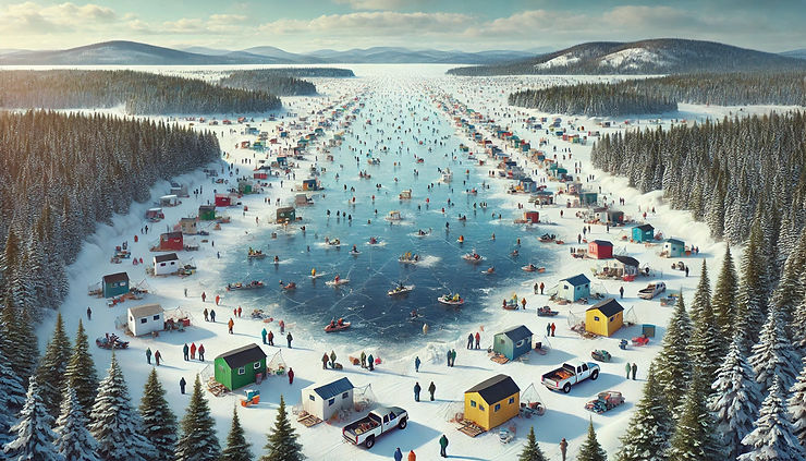 View of a vibrant ice fishing derby on a frozen lake in Maine, capturing the lively atmosphere and the scenic wilderness.