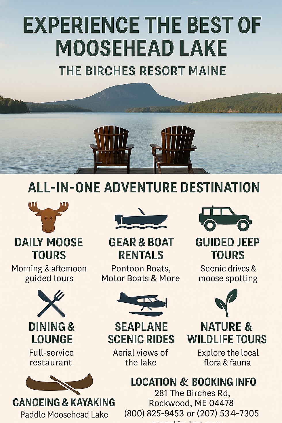 The Birches Resort in Rockwood, Maine: Moose Tours, Lake Rentals & Seaplane Rides on Moosehead Lake