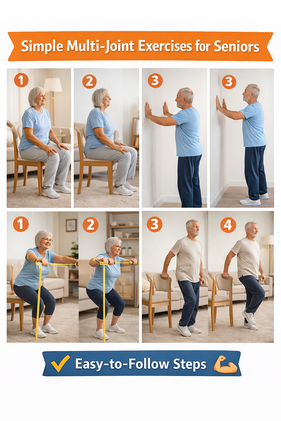 Infographic showing simple multi joint exercises for seniors, including seated leg movements, wall push exercises, resistance band squats, and chair assisted balance exercises with easy to follow steps.
