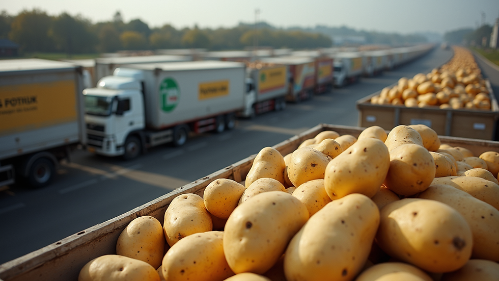 High angle view of refrigerated trucks loading potatoes for export