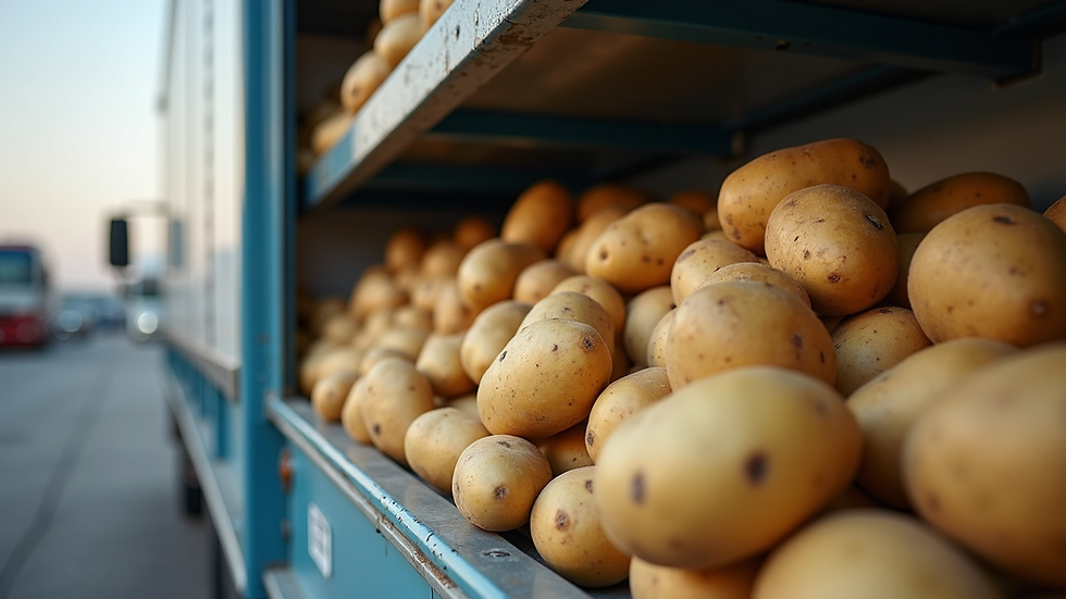Eye-level view of a refrigerated truck loaded with fresh potatoes ready for export