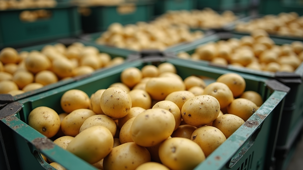 Eye-level view of fresh potatoes packed in crates ready for export