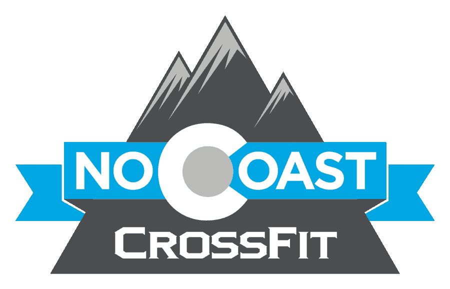 The NoCoast logo which says NoCoast CrossFit on a blue ribbon over a grey mountain in the background.