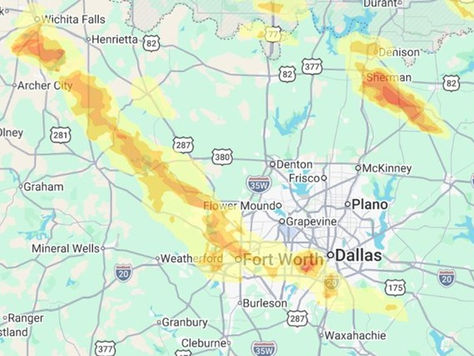 DFW hail storm tracker map showing 2026 hail intensity zones across the Dallas-Fort Worth Metroplex from Wichita Falls and Sherman through Fort Worth, Plano, and Dallas