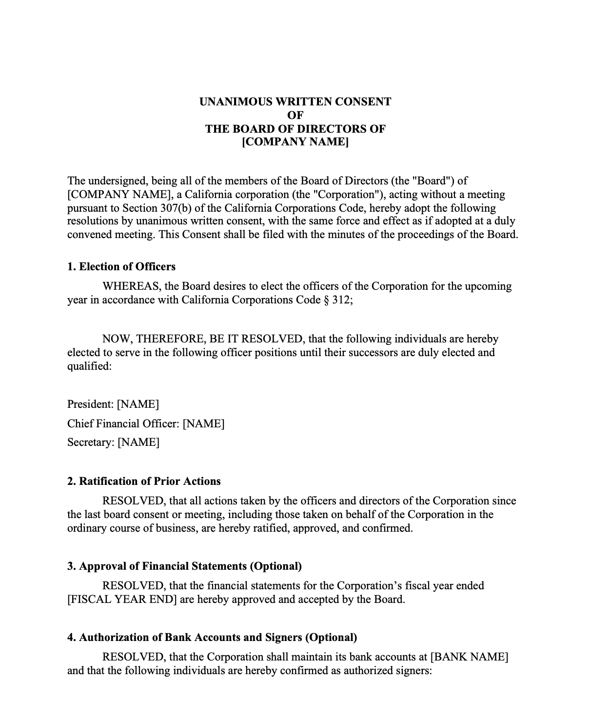 Annual Board Consent – California Corporation