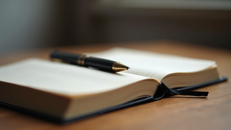Close-up view of a journal and pen on a wooden table