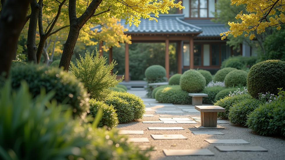 Eye-level view of a serene garden used for qigong practice