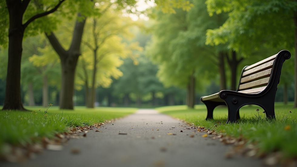 Eye-level view of a peaceful park bench surrounded by green trees