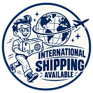 Retro-style circular badge with a smiling cartoon courier carrying a package, a globe and airplane in the background, and bold blue text reading “International Shipping Available.”
