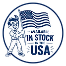 Vintage blue mascot holding an American flag beside the words "Available In Stock In The USA" inside a circular badge. The graphic indicates that authentic Super 8 film is stocked and ships from the United States.