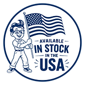 Vintage blue mascot holding an American flag beside the words "Available In Stock In The USA" inside a circular badge. The graphic indicates that authentic Super 8 film is stocked and ships from the United States.