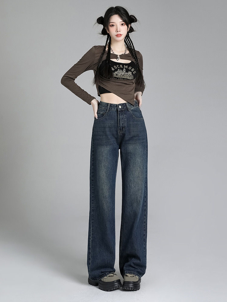 Jeans cạp cao xanh đậm ống suông – style Âu Mỹ