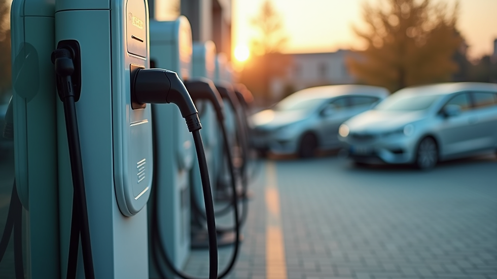 High angle view of electric vehicle charging station with multiple chargers