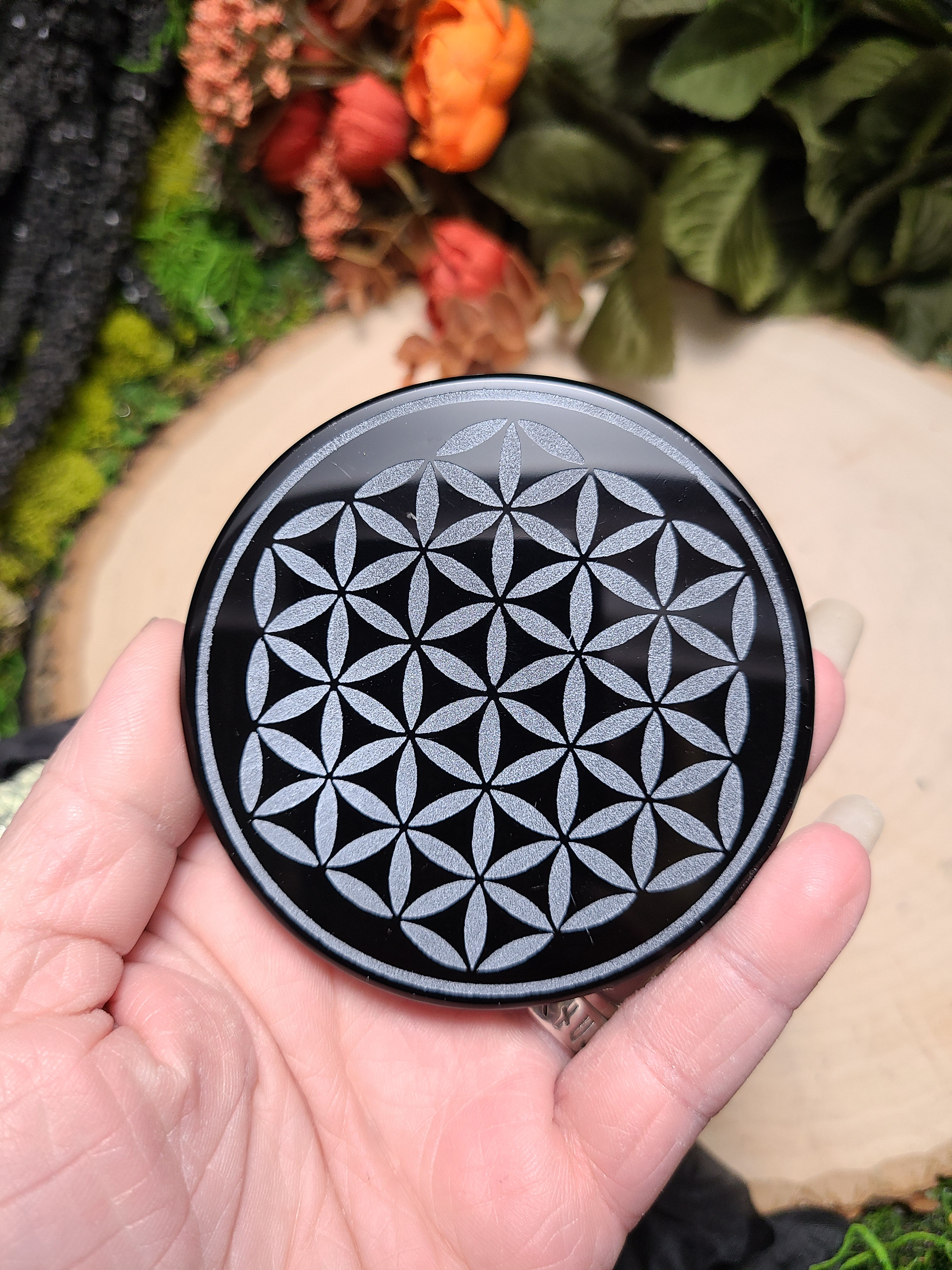 Flower of Life Obsidian Scrying Mirror