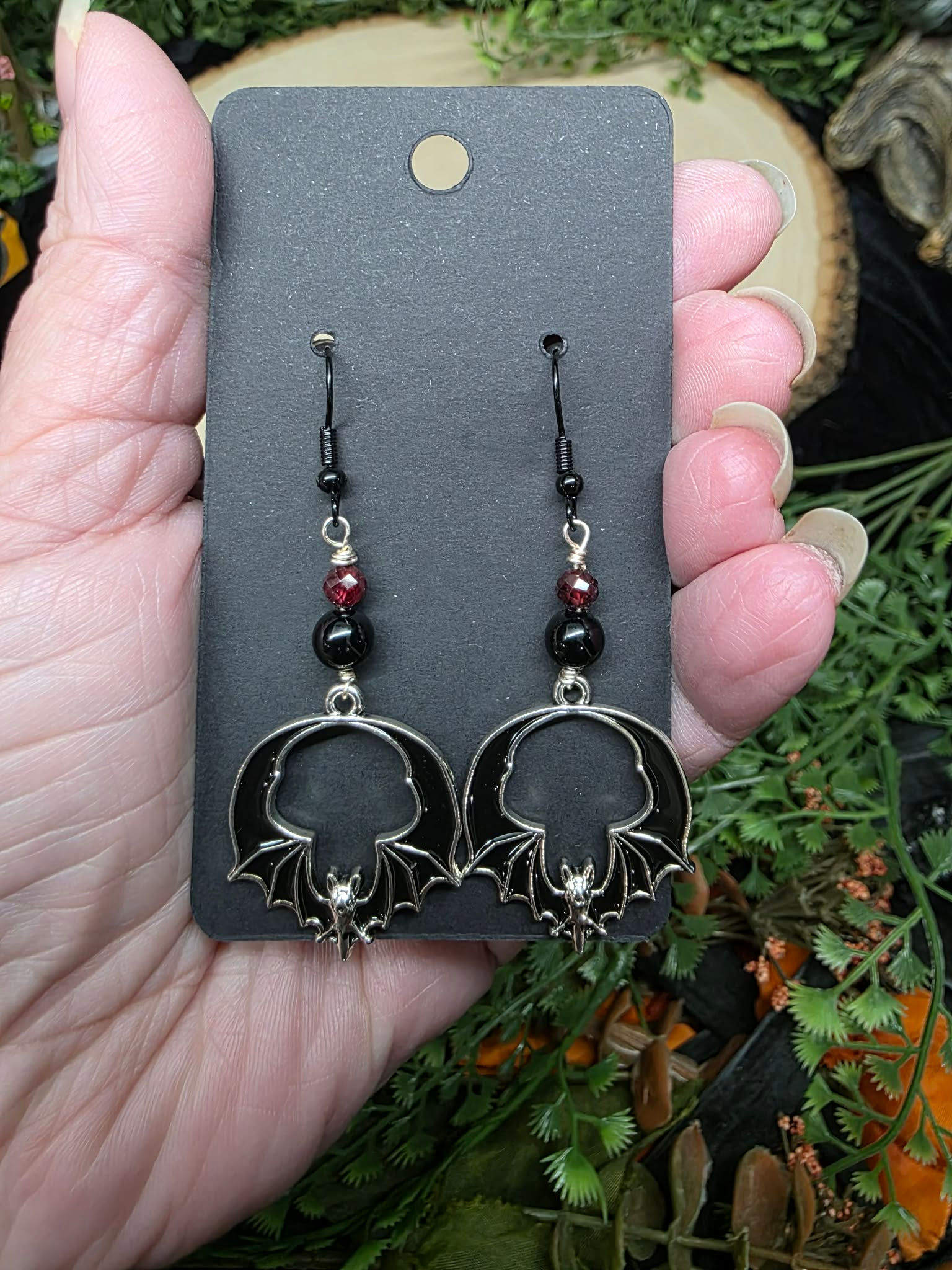 Obsidian & Garnet Bat Earrings