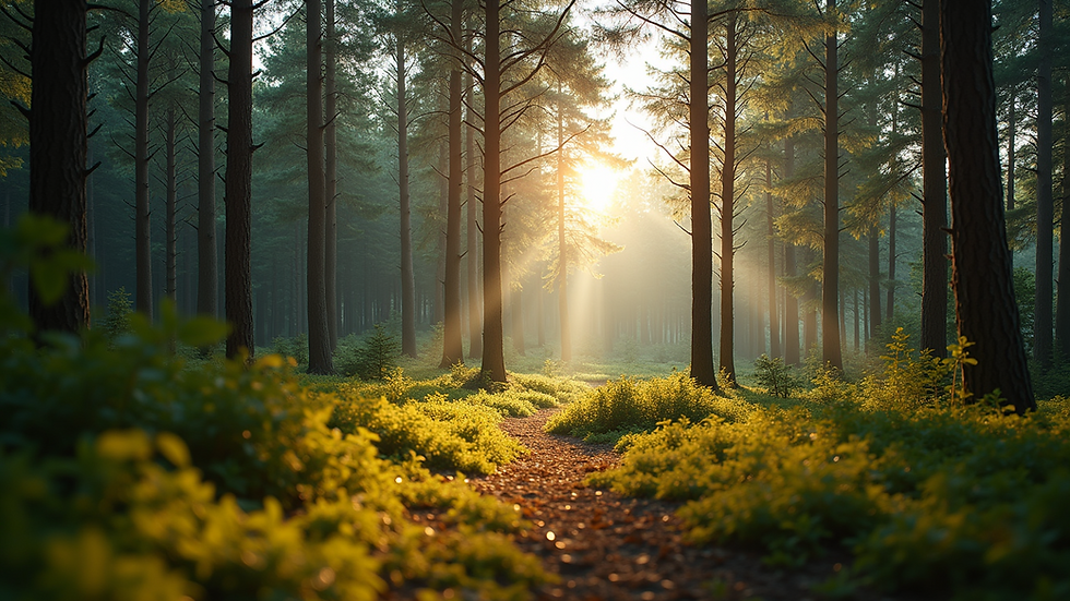 Eye level view of a serene forest landscape with sunlight filtering through the trees