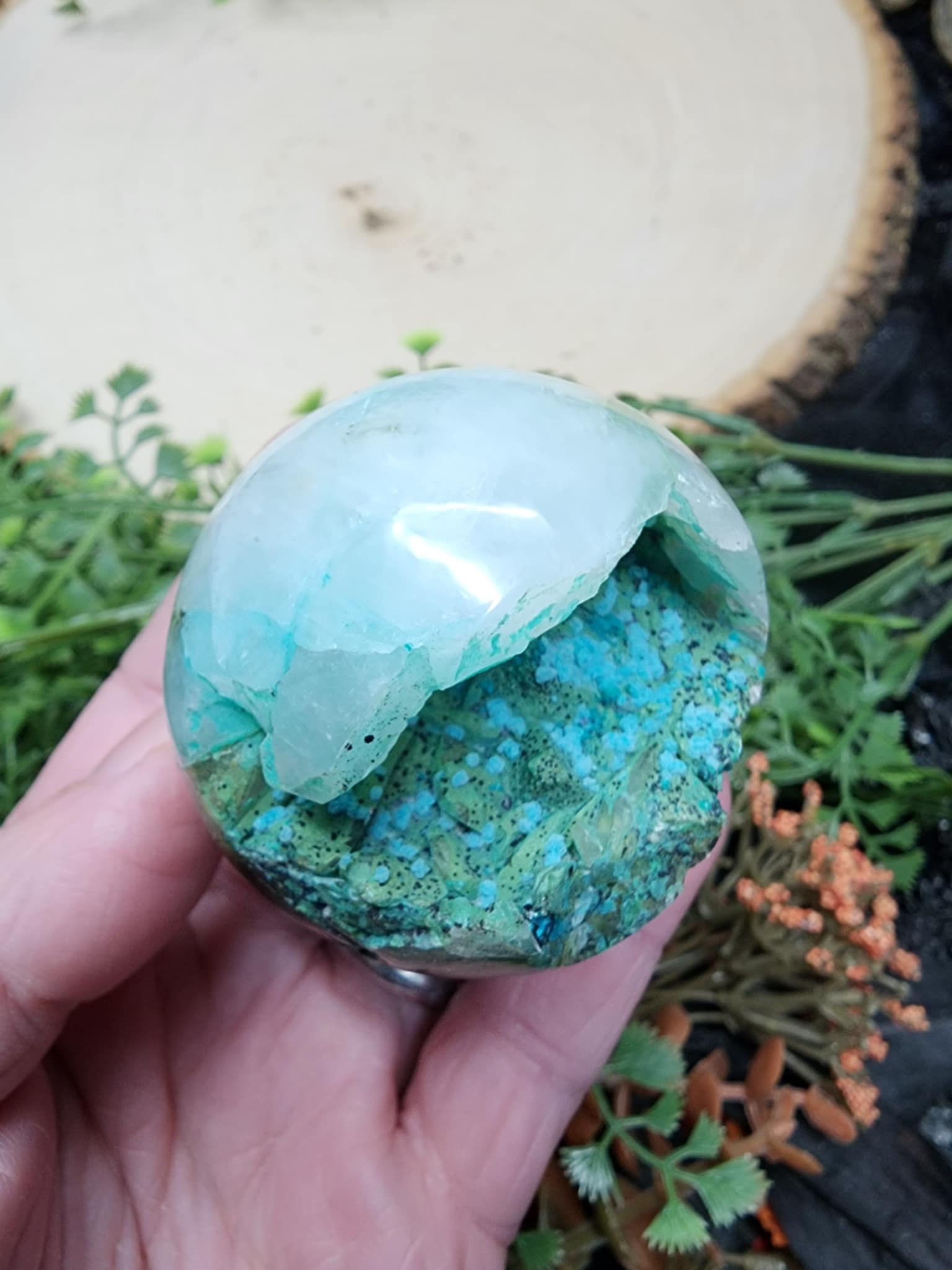 Chrysocolla, Malachite and Ajoite in Quartz Sphere