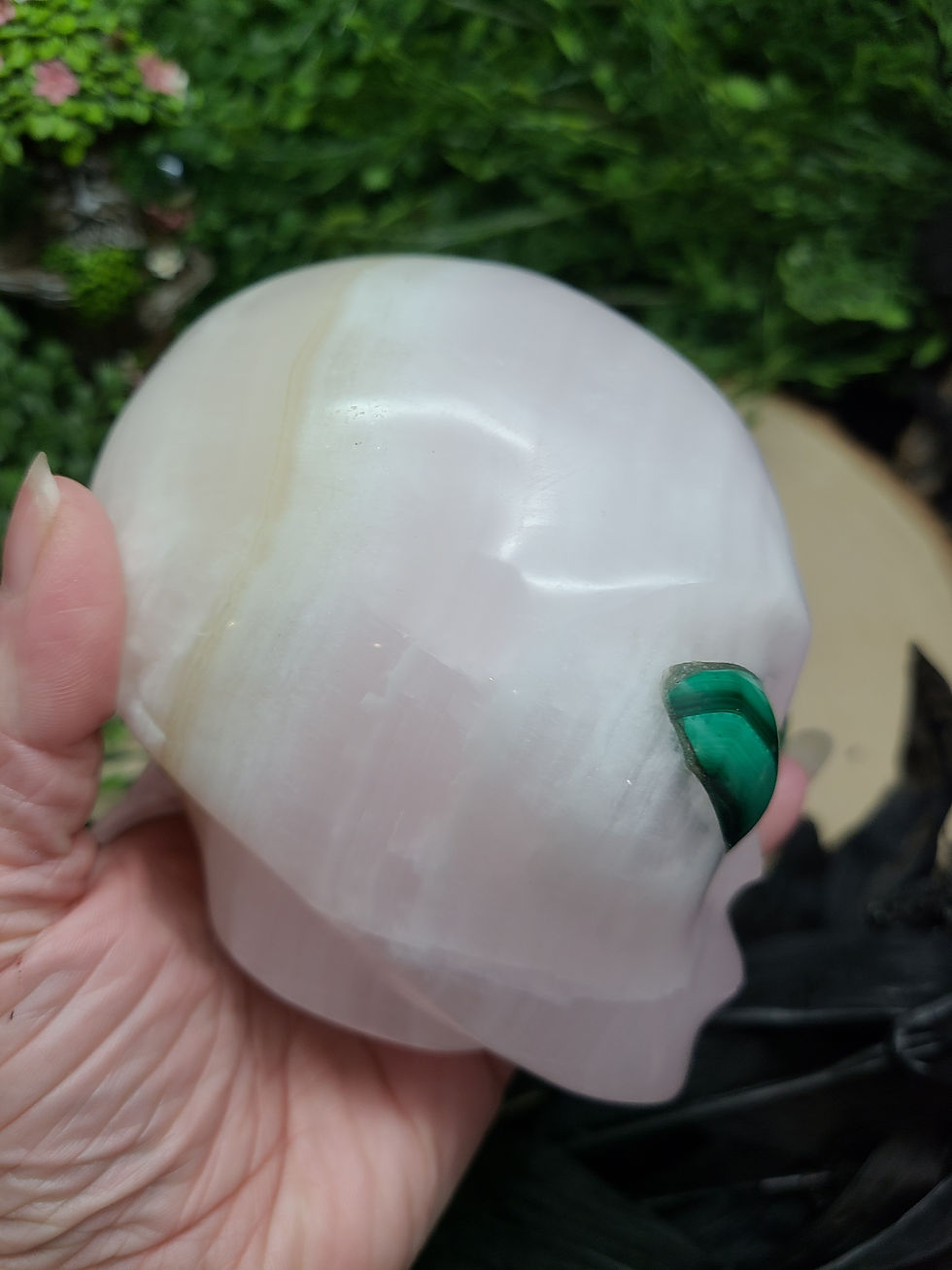 Mangano Calcite Alien Skull with Malachite Eyes