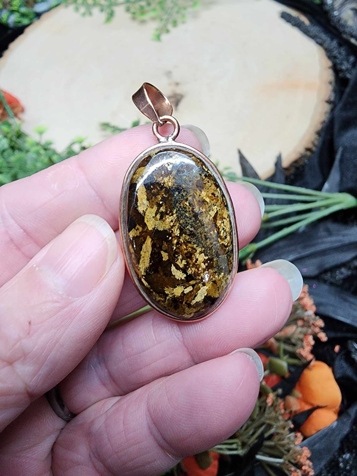 Bronzite in Copper Pendant