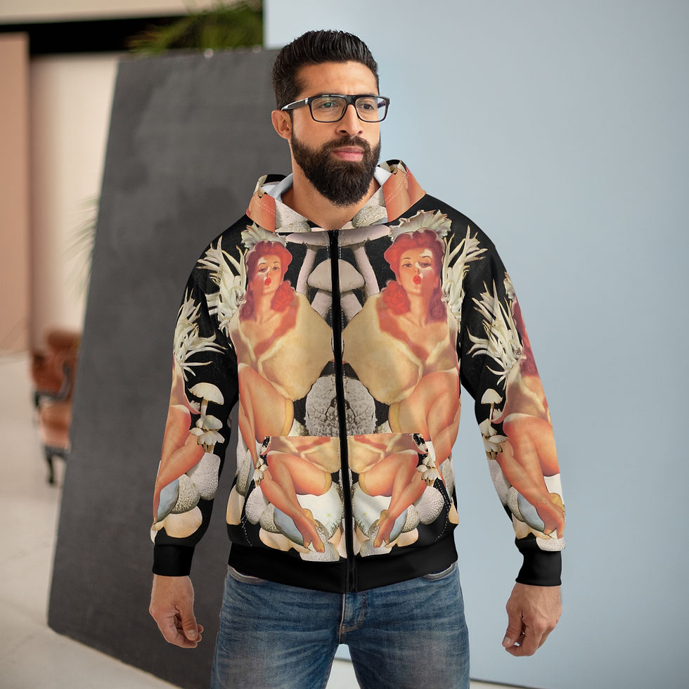 Thumbnail: "Mushroom in White" All-Over Print Zip Hoodie