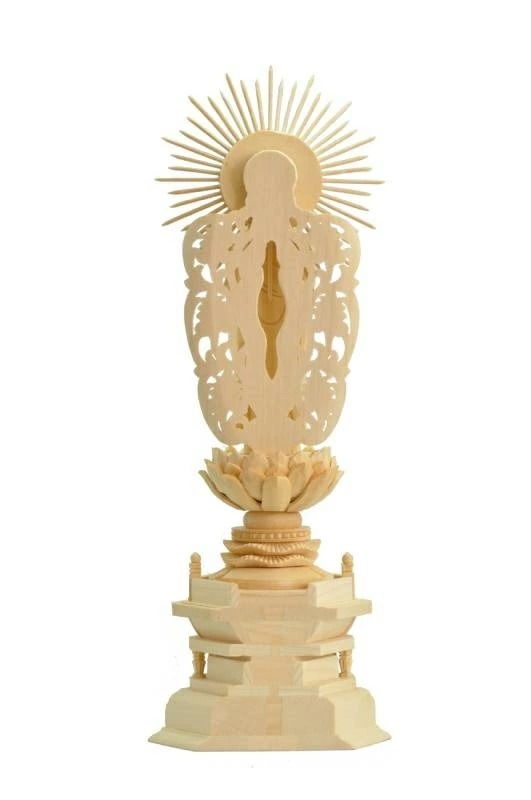 サムネイル： 【浄土真宗 西型本願寺派】仏像 阿弥陀如来 立像 桧木六角台座 西型唐草光背 3寸 3.5寸 4寸 4.5寸 5寸 檜　ヒノキ 白木 木彫り ご本尊 小さい