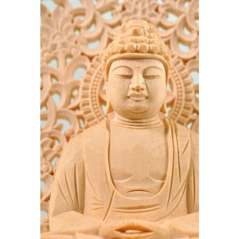 サムネイル： 【曹洞宗 臨済宗 禅宗】桧木仏像 桧木 釈迦如来像 上彫木瓜丸台座 唐草光背 2寸 2.5寸 檜 ヒノキ 白木 木彫り ご本尊 お仏像 御本尊 檜