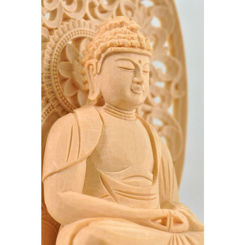 サムネイル： 【天台宗】桧木 仏像 阿弥陀如来 座像 上彫木瓜丸台座 唐草光背 2寸 2.5寸 檜 ヒノキ 白木 木彫り ご本尊 小さい 木彫仏像 木彫り仏像 木彫り