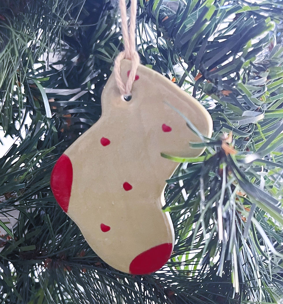 Ornement de bas de Noël beige et rouge sur fond de sapin floral.