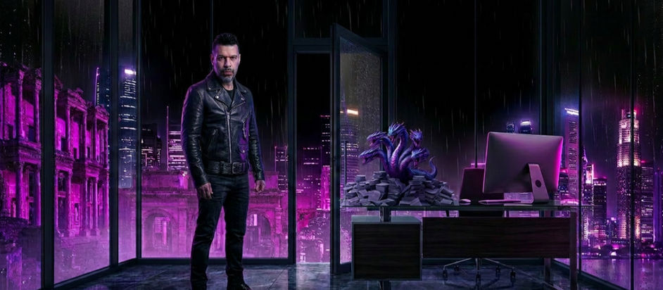 Scott Mason the Myth Slayer in a dark office at night, standing near a desk where a small multi-headed Hydra sits atop scattered rubble, with neon-lit city buildings and ancient ruins visible outside the windows.