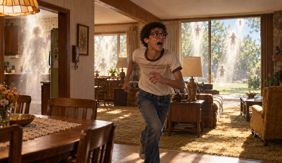 A frightened teenager wearing glasses races through a 1970s living room as glowing figures rise from the house and backyard.