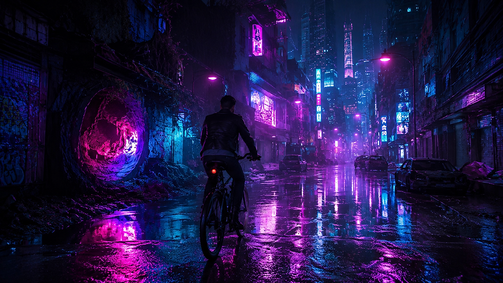 A man in a black leather jacket rides a bicycle through a neon-lit, rain-slick city street at night, the lights reflecting off puddles as he journeys deeper into the unknown.