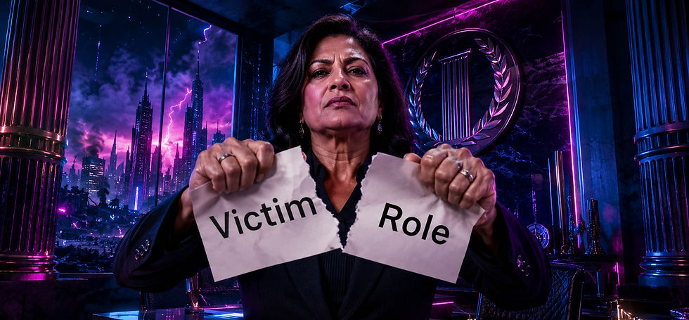 A powerful middle-aged South Asian female executive tears a sheet of paper labeled “Victim Role” in half while standing in a futuristic office with neon magenta, indigo, and purple lighting, Greek columns, and a stormy city skyline.