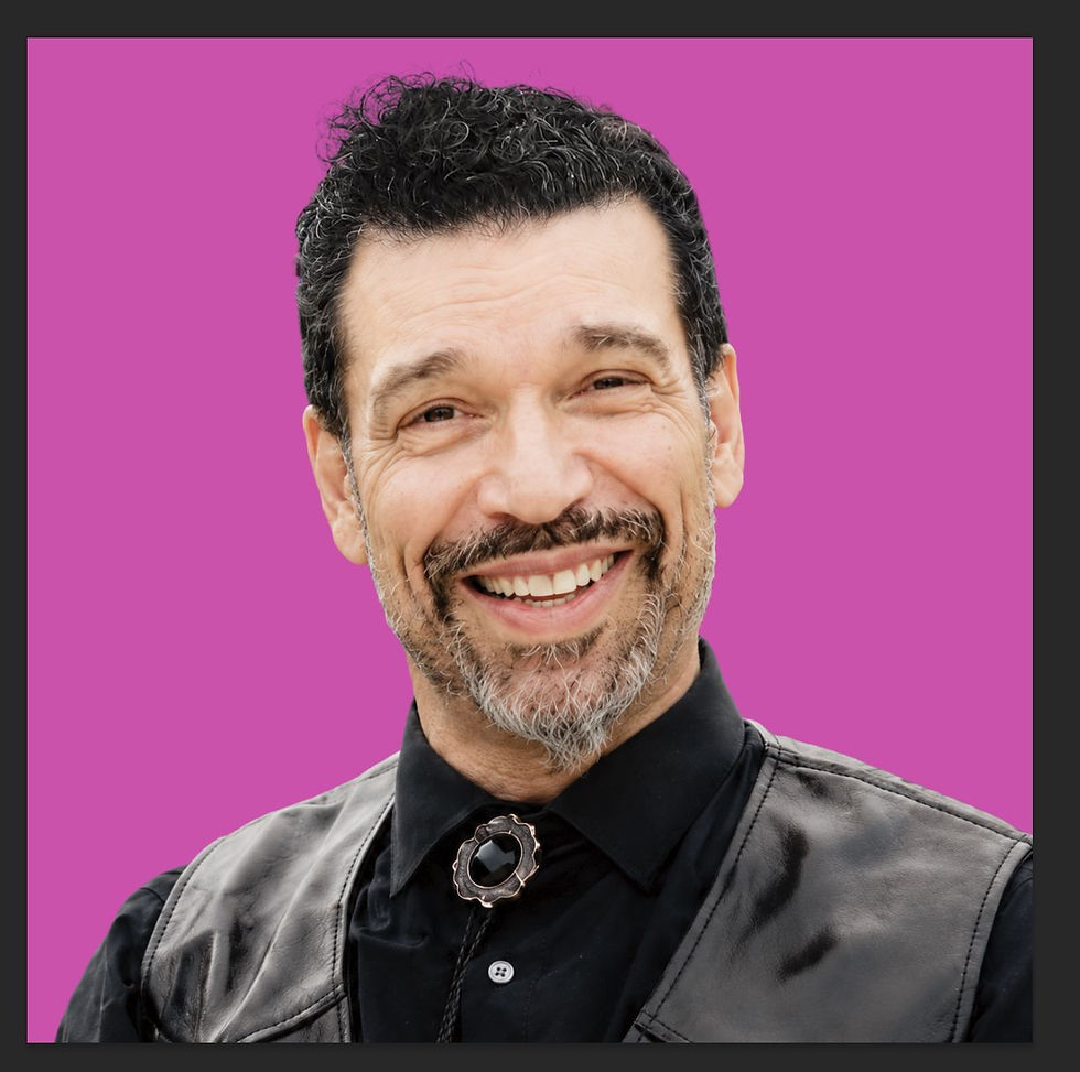 Scott Mason, the Myth Slayer, smiling against a magenta background, wearing a dark shirt, leather vest, and bolo tie with a sun design. Energetic and cheerful mood.