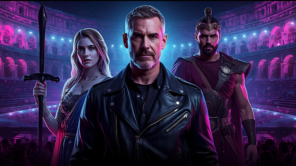 A group of professionals walks through a dark, neon-lit forest toward a glowing Greek temple on a distant hill, symbolizing the journey from burnout to professional rebirth and mythic leadership enlightenment.