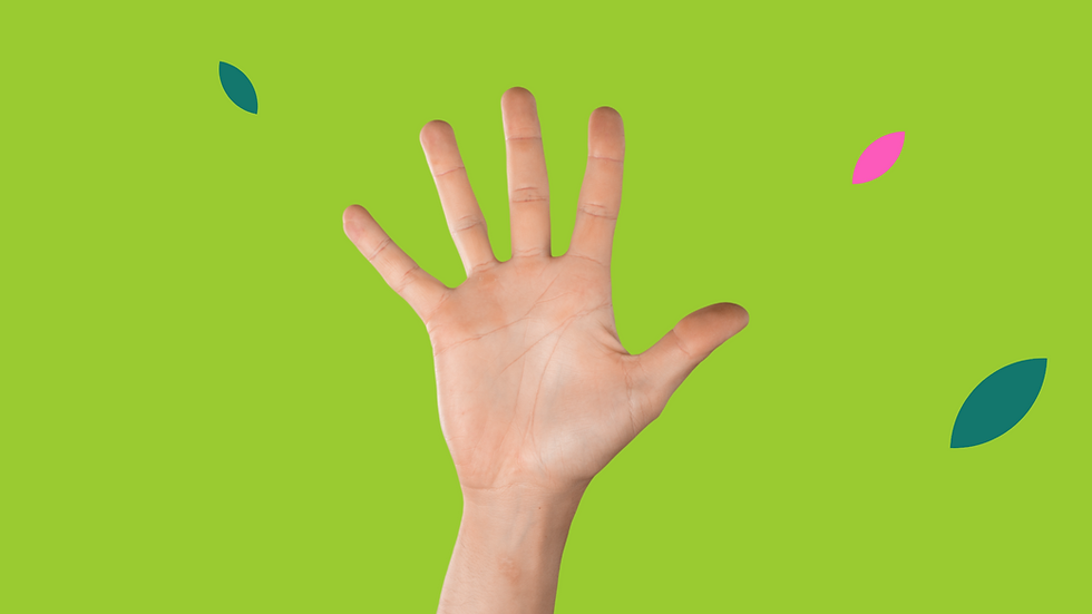 The palm of a hand with all five fingers up, to indicate the Five Finger Rule