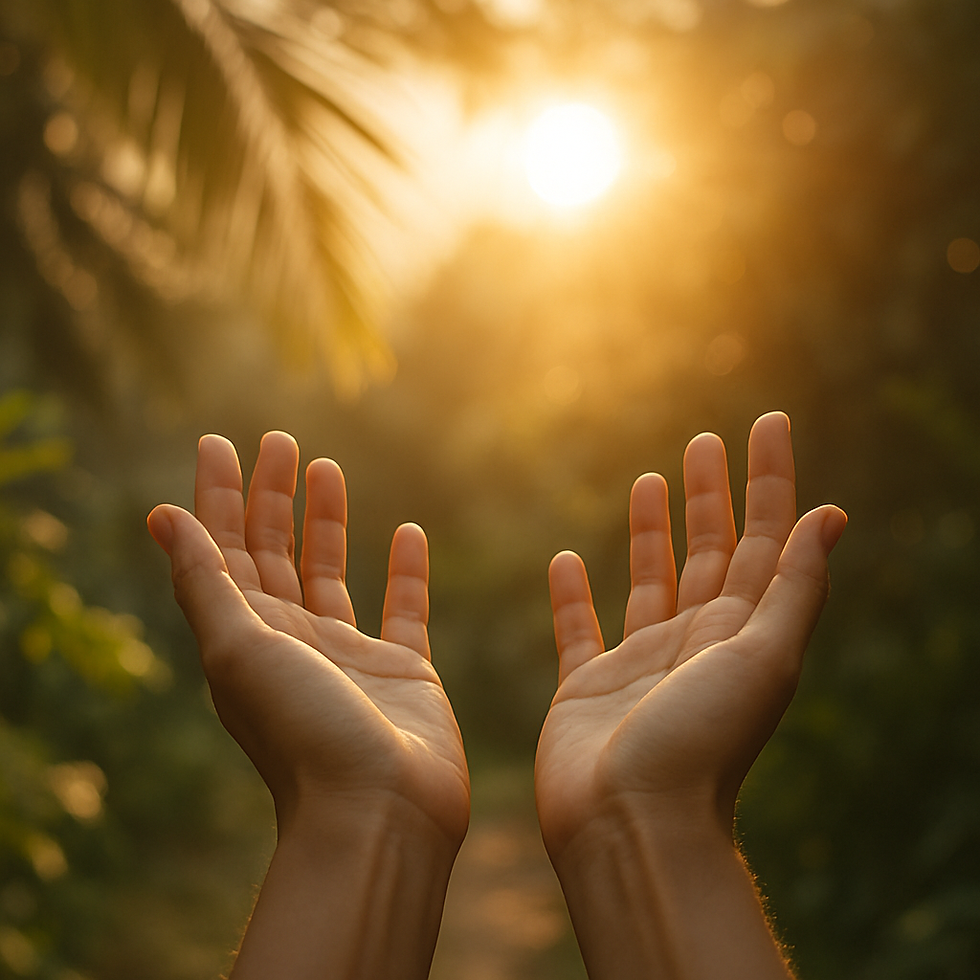 Mains ouvertes vers la lumière dorée dans un décor tropical, symbole de guérison, de gratitude et de paix intérieure.