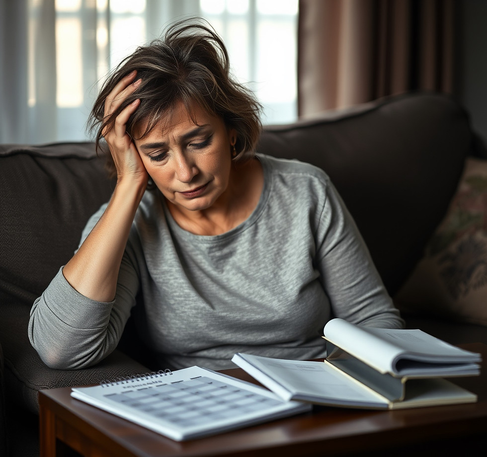 A candid photo of a middle-aged woman sitting alone on a couch at home, visibly tired afte