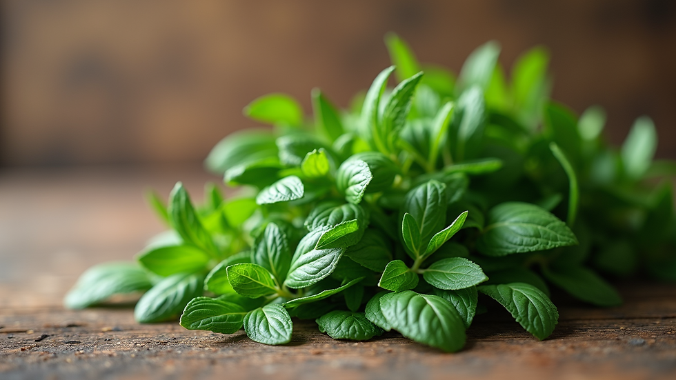 Close-up view of fresh herbs on a wooden table