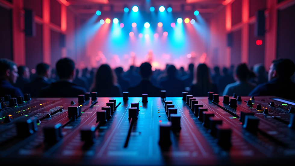 High angle view of a sound mixer and lighting controls at a live event venue