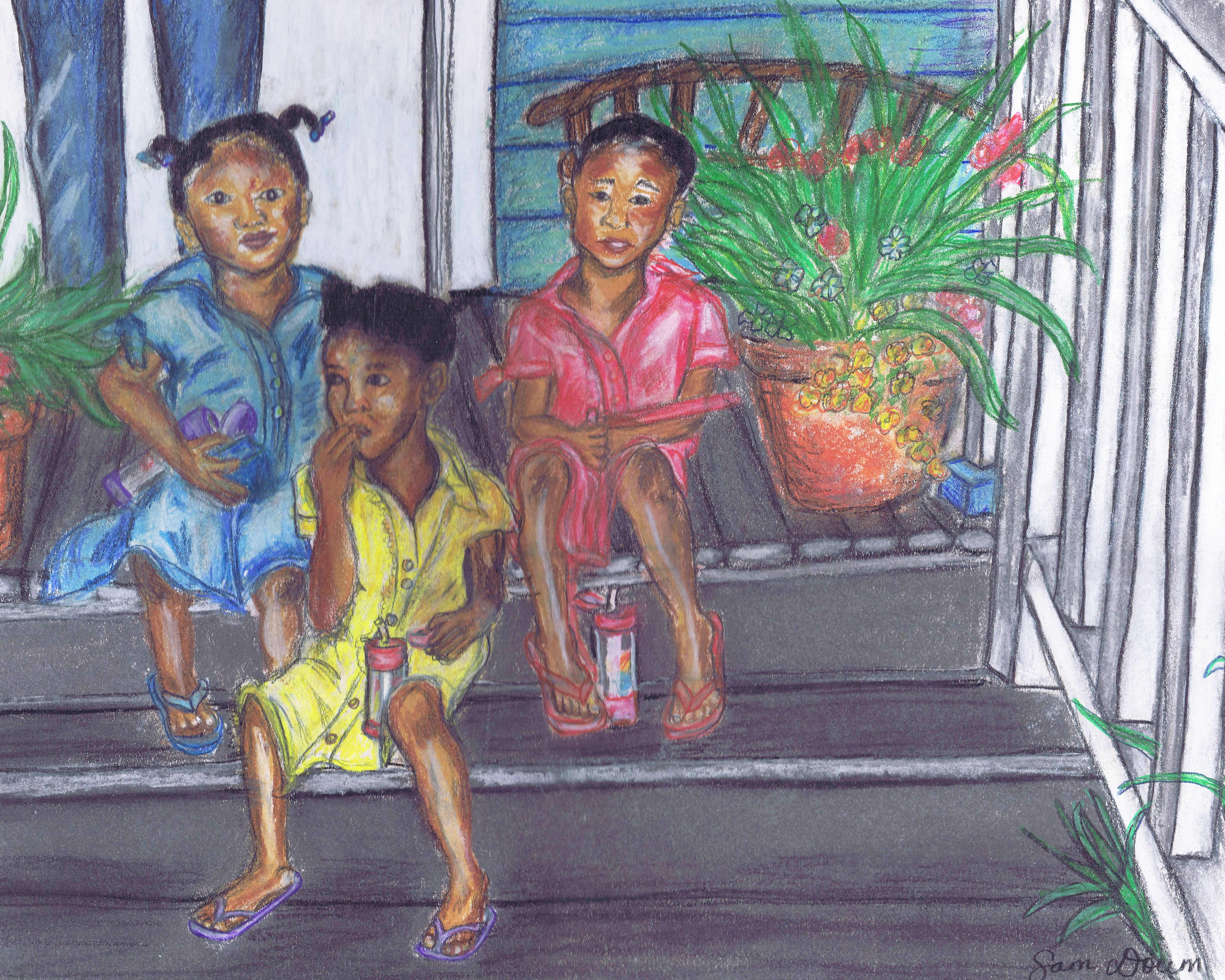 pastel painting of three little black girls on a porch