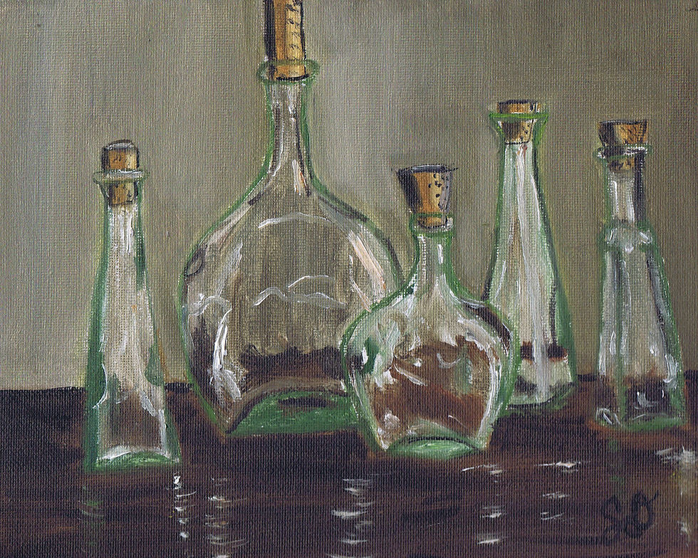 glass bottles on wooden table, still life oil painting