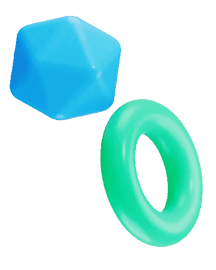 Modern 3D geometric shapes in pink, blue, and green representing creative design energy