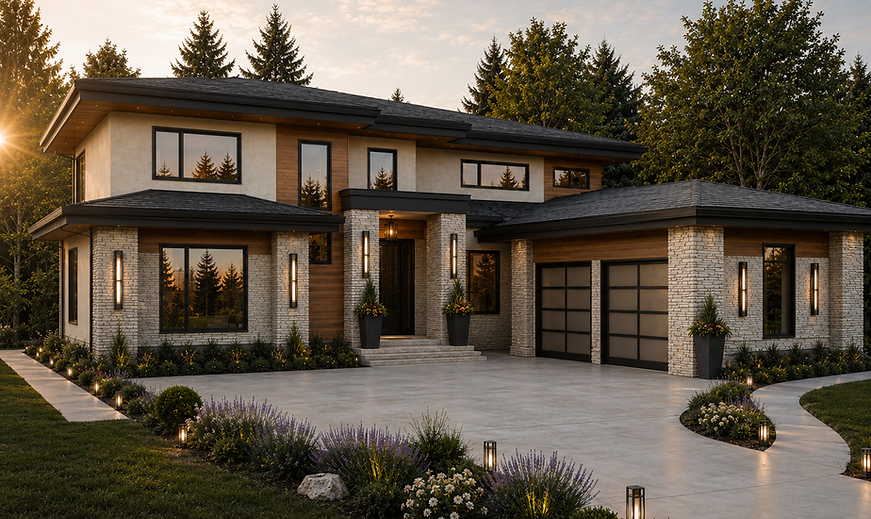 Maple Ridge Contemporary Prairie Modern House design with wood siding and stone finish designed by Kapoor Home Design
