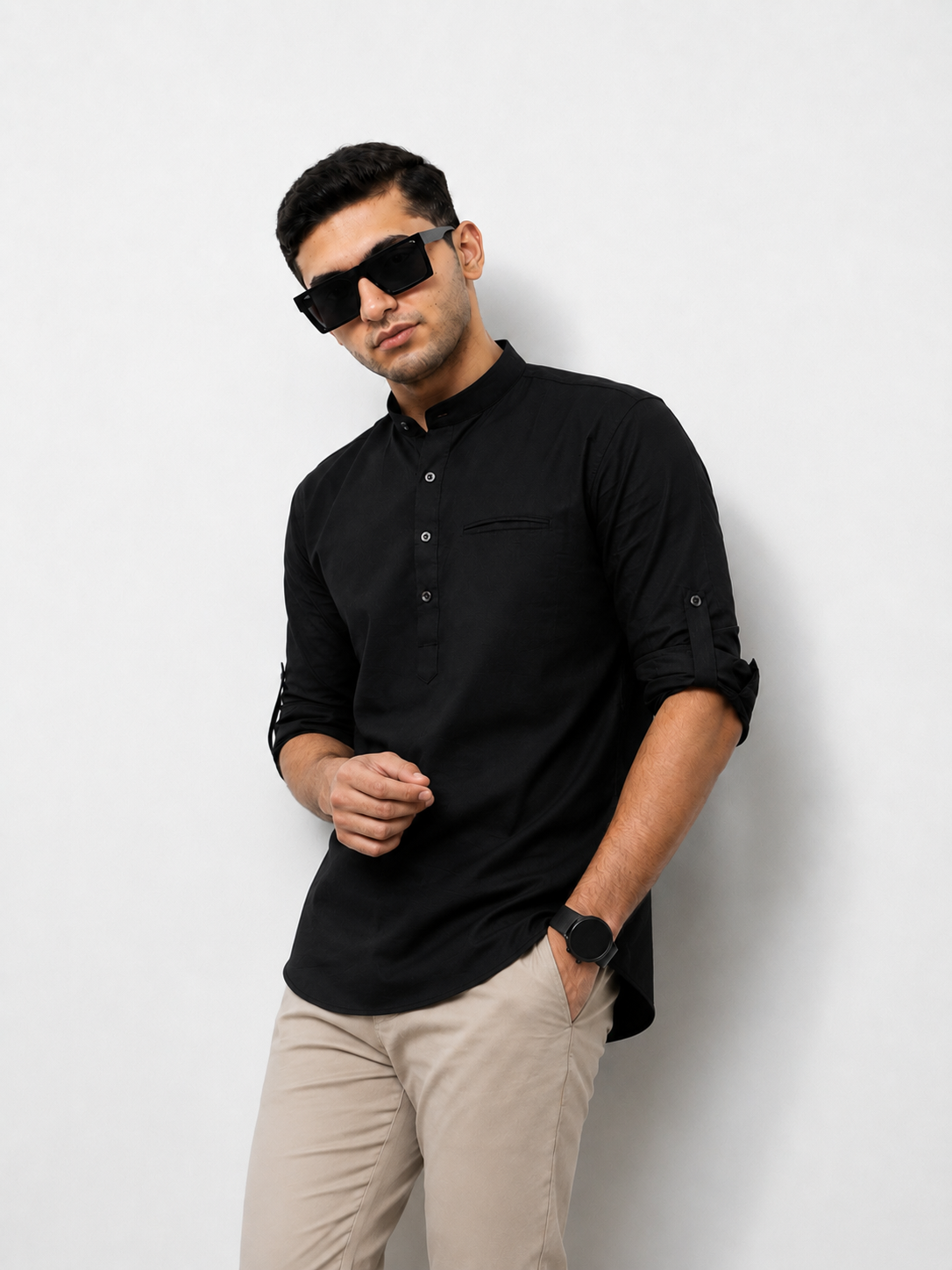 Short Kurta, Black color, Cotton-linen fabric, With Pocket