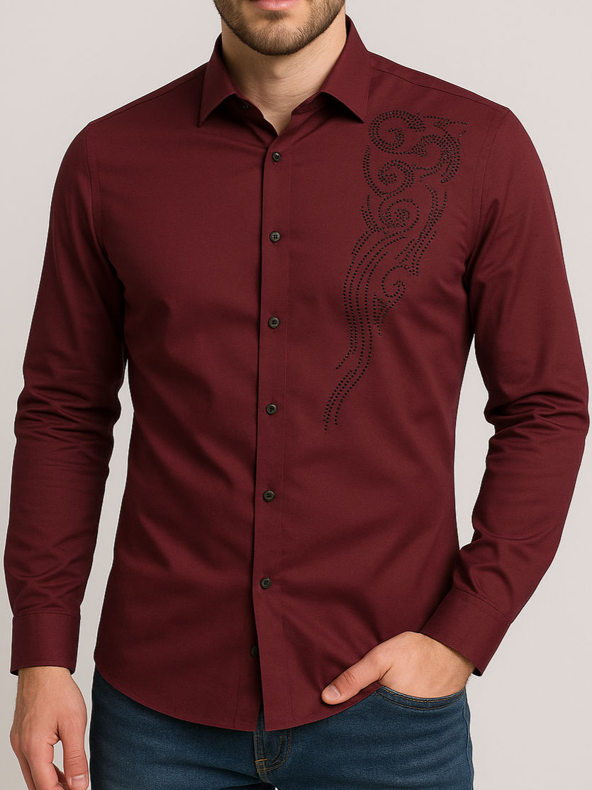 Maroon Stone Embroidered Shirt for Men