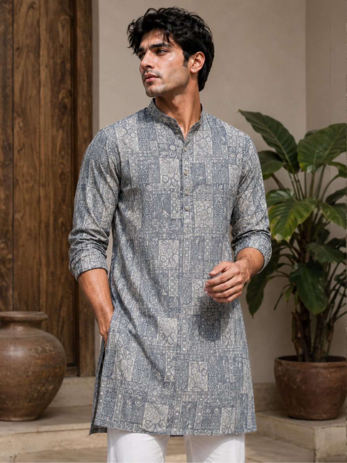 Men Wearing Grey Heritage Kurta Pajama Set