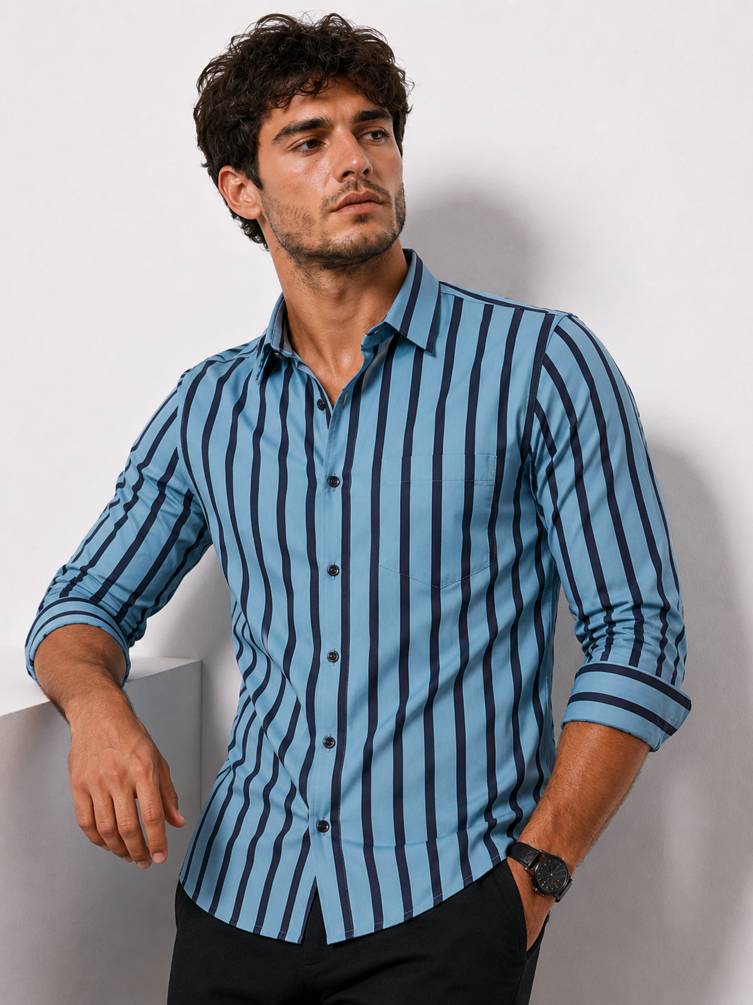 Men Baby Blue And Navy Blue Striped Casual Shirt