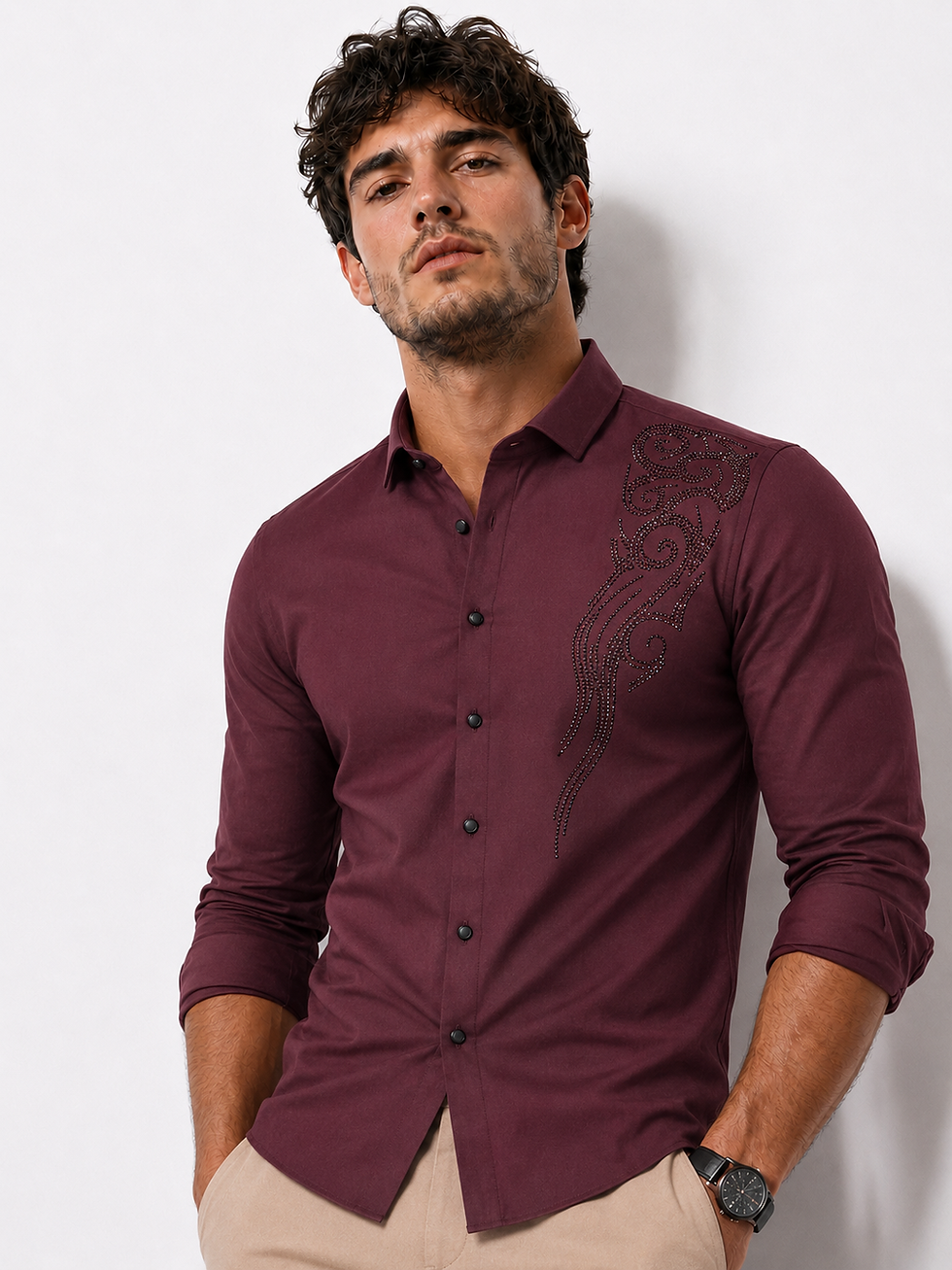 Thumbnail: Maroon Stone Embroidered Shirt for Men